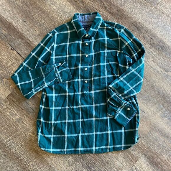 Tommy Hilfiger Shirt Plaid Popover Half Button Down Top Green - Picture 2 of 13